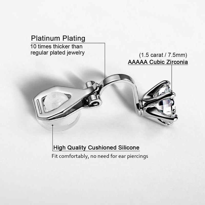 AllenCOCO 14K White Gold Plated 1.5 Carat CZ Clip-On Earrings - 7.5mm Round Cut Simulated diamond Clip-ons (White Gold) - Image 2